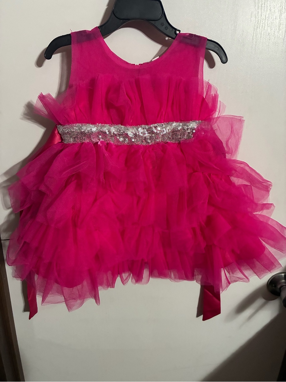 Girls Hot Pink Tulle Party Dress with Sequin Waistband